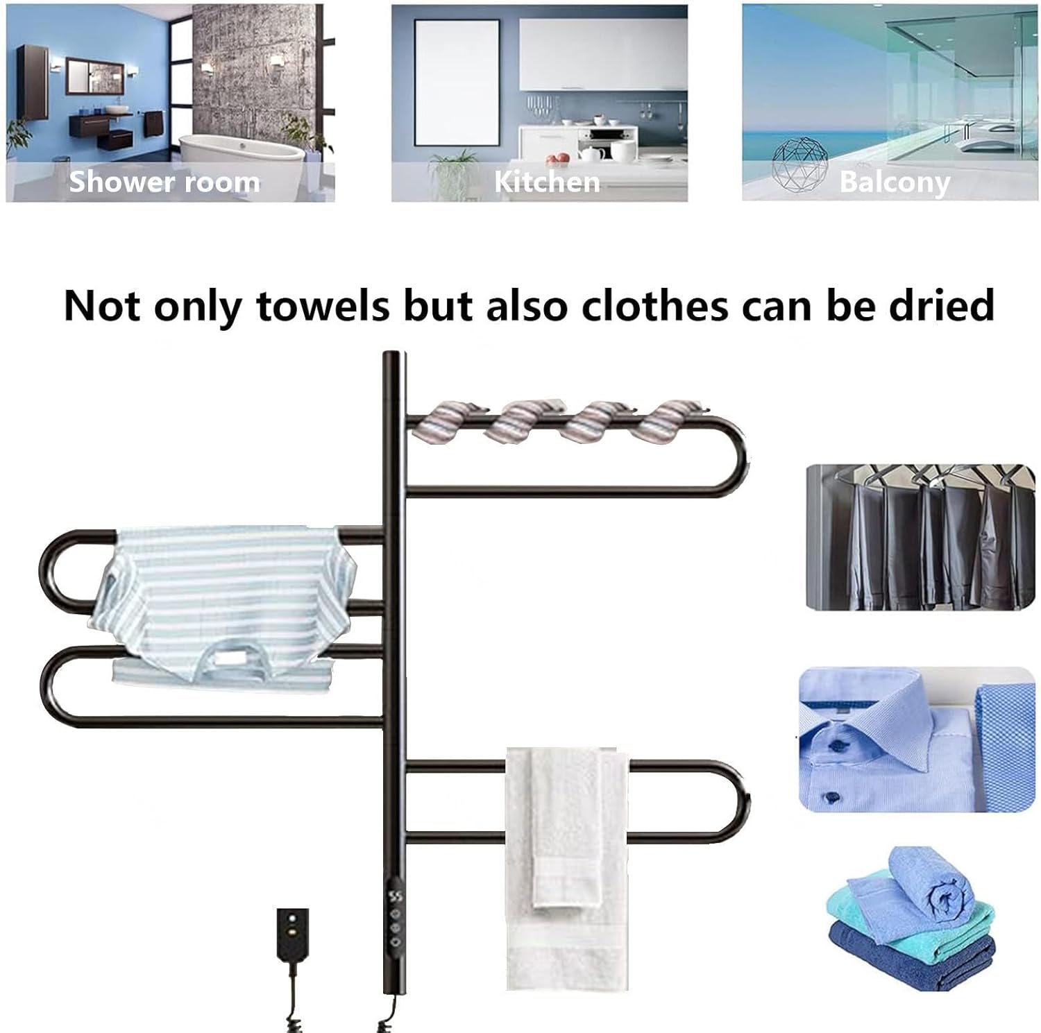 Electric Towel Warmer Rotatable 180°, Towel Warmer with Timer,LED Display,Constant Temperature Control, Warm Towel Rack Plug-in/Hardwired,Black (Black)