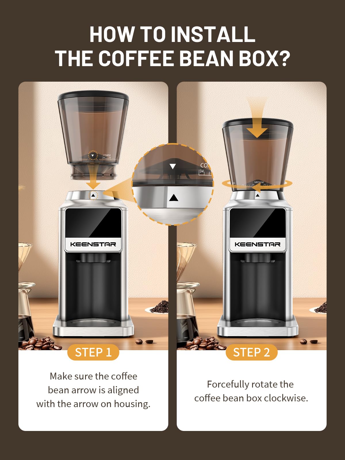 Burr Coffee Grinder, Keenstar Conical Coffee Bean Grinder with 34 Grind Settings for Home Use, Precision Timer, Touchscreen, Anti-static, Stainless Steel, Easy to Clean with Brush