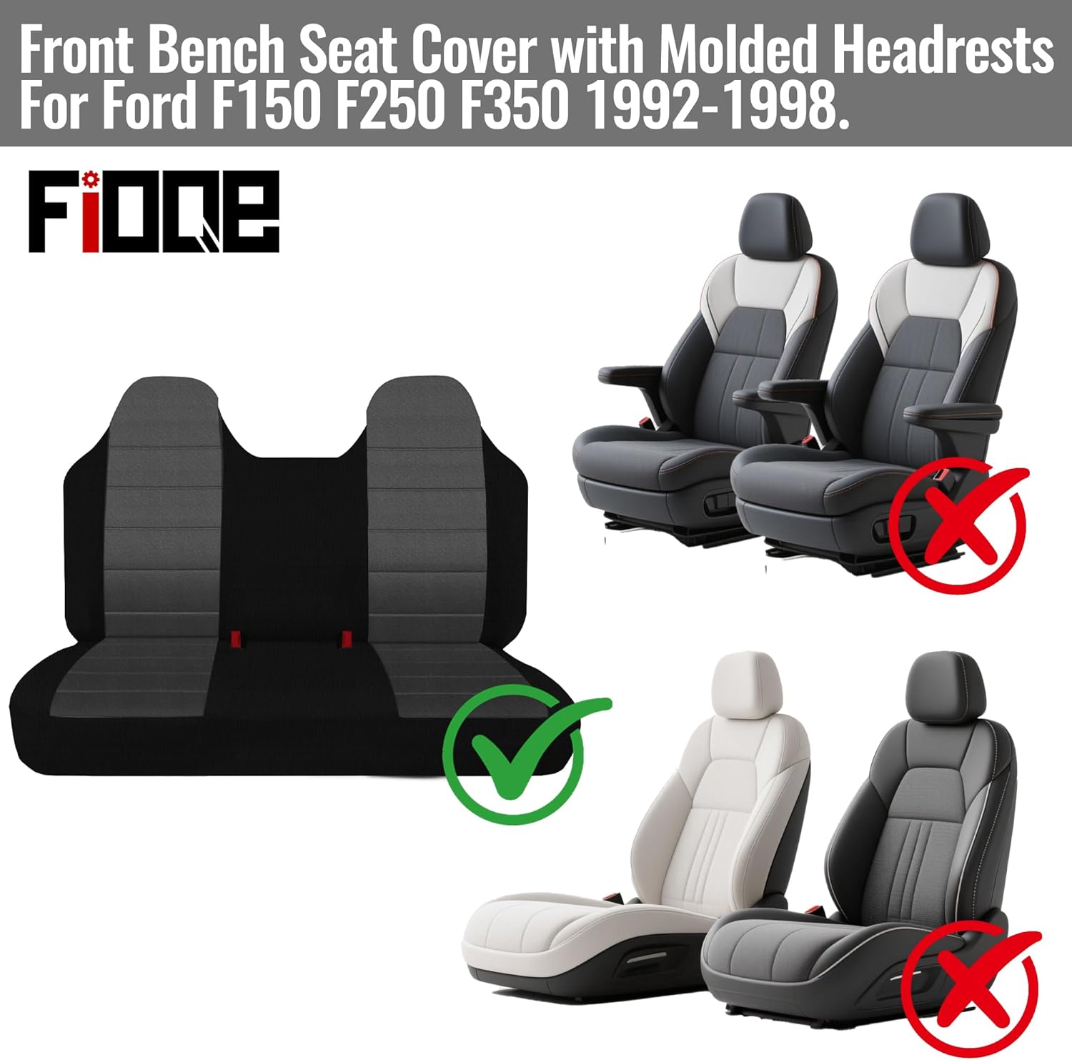 Front Bench Seat Cover with Molded Headrests for Ford F150 F250 F350 1992-1998,Pickup Solid Bench Seat No Center Armrest,Washable Truck Seat Protector with Molded Headrests-Black