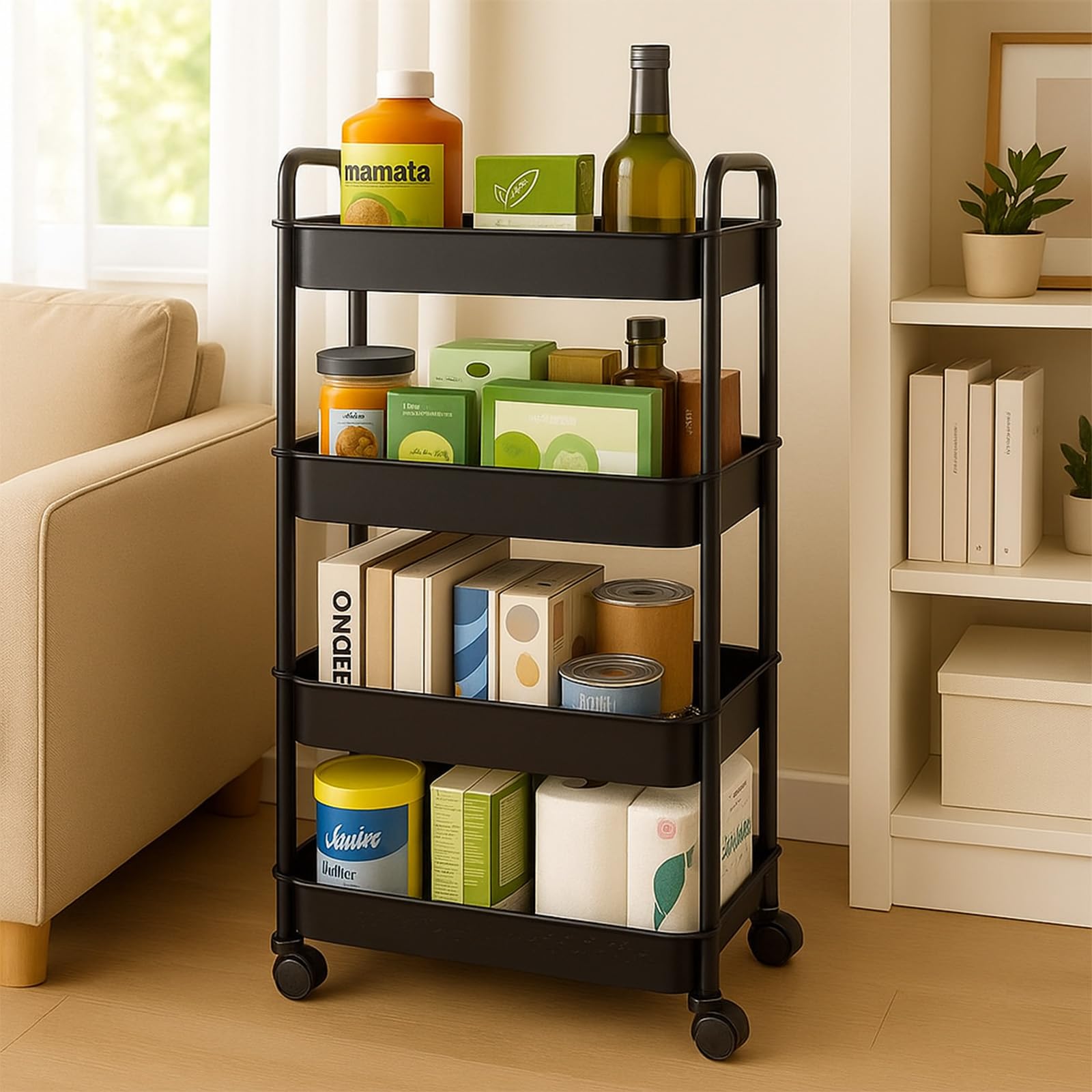 powerking 4-Tier Rolling Utility Cart,Multifunctional Mobile Storage Shelves with Handle and Lockable Wheels,Movable Organizer Trolley for Office,Bathroom,Living Room,Kitchen,Narrow Places (Black)