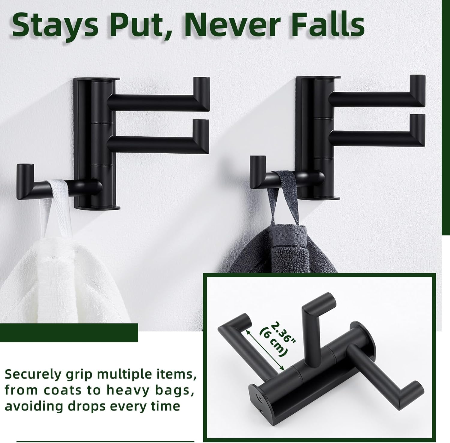 APLusee Matte Black Swivel Towel Hooks for Bathroom 2 Pack, 304 Stainless Steel Foldable Coat Hooks with Multi 3 Arms, Heavy Duty Robe Towel Holders Wall Mounted
