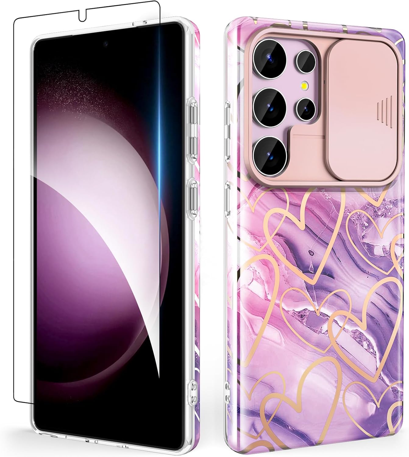 SHEDEER for Samsung Galaxy S25 Ultra Case with Slide Camera Cover & Screen Protector, Anti-Yellowing Chic Pattern, Shockproof Anti-Scratch Slim Thin Phone Cover Samsung S25 Ultra 6.9'', Heart Purple