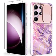 SHEDEER for Samsung S25 Ultra Case with Slide Camera Cover + Screen Protector, Samsung Galaxy S25 Ultra Case Anti-Yellowing Chic Pattern, Shockproof Thin Phone Case for S25 Ultra 6.9'', Heart Purple