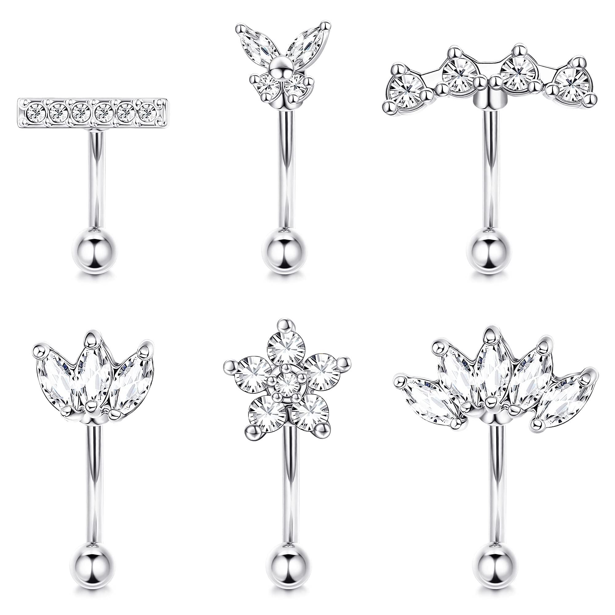 Finrezio6 Pcs 16G Rook Daith Pendientes para Mujeres Piercing Ombligo Acero Quirurgico Anillo de Labio Cartílago Tragus CZ Body Piercing Curvo Barbell Ceja Anillo 6mm