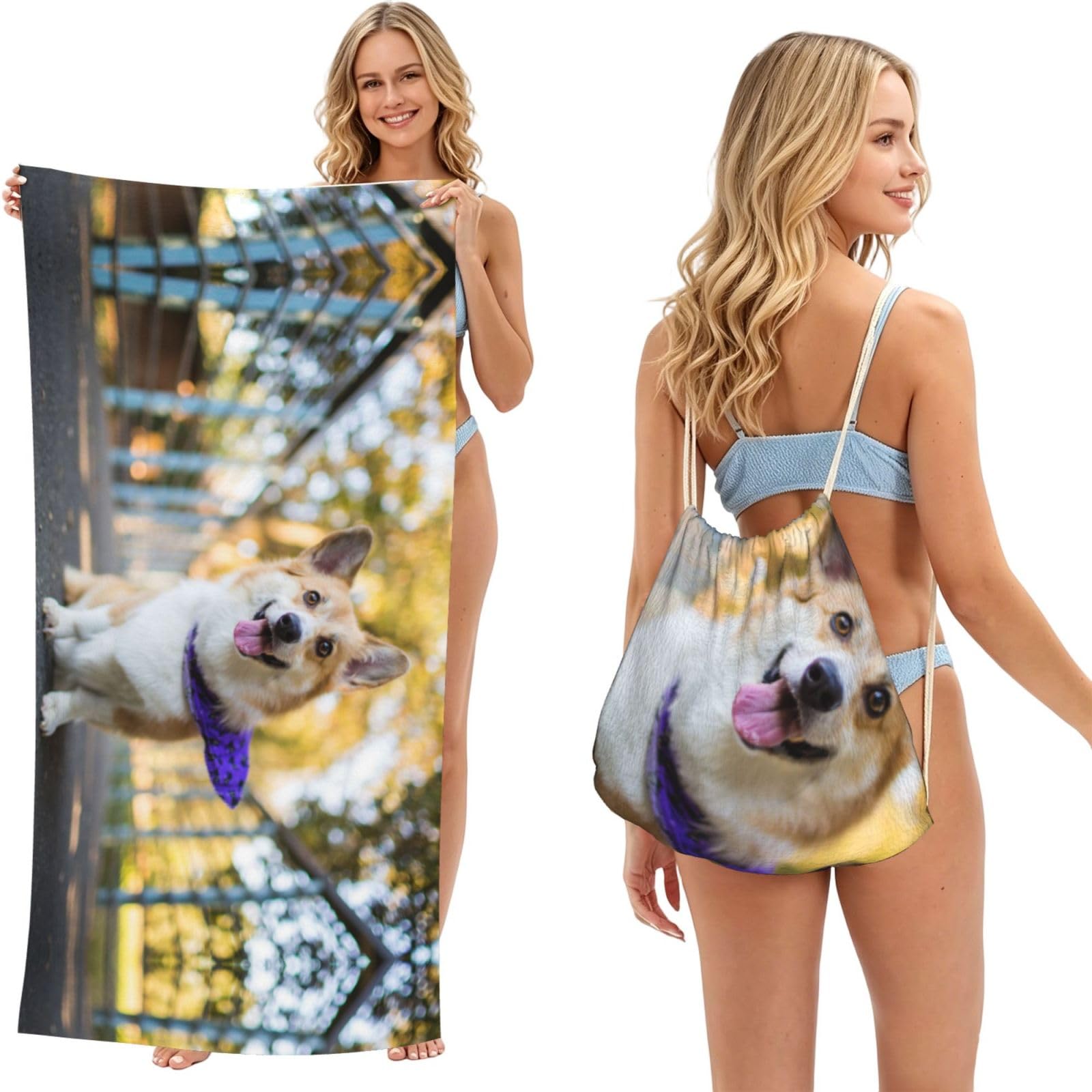 WSHFFILO Dog Corgi printed 2 in 1 Packable Towel Bag Bath Towel Beach Towel