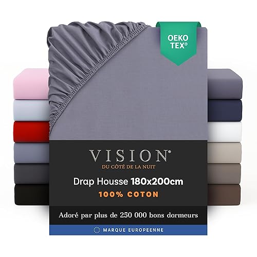 Vision Drap Housse - 100% Coton Lit Double (180x200cm) - Gris | Coins Élastiqués | Tissage Serré: 57 Fils | Convient aux Matelas Jusqu’à 30cm | Confortable | Lavable en Machine | Certifié Oeko-Tex - 180 x 200 cm - Gris