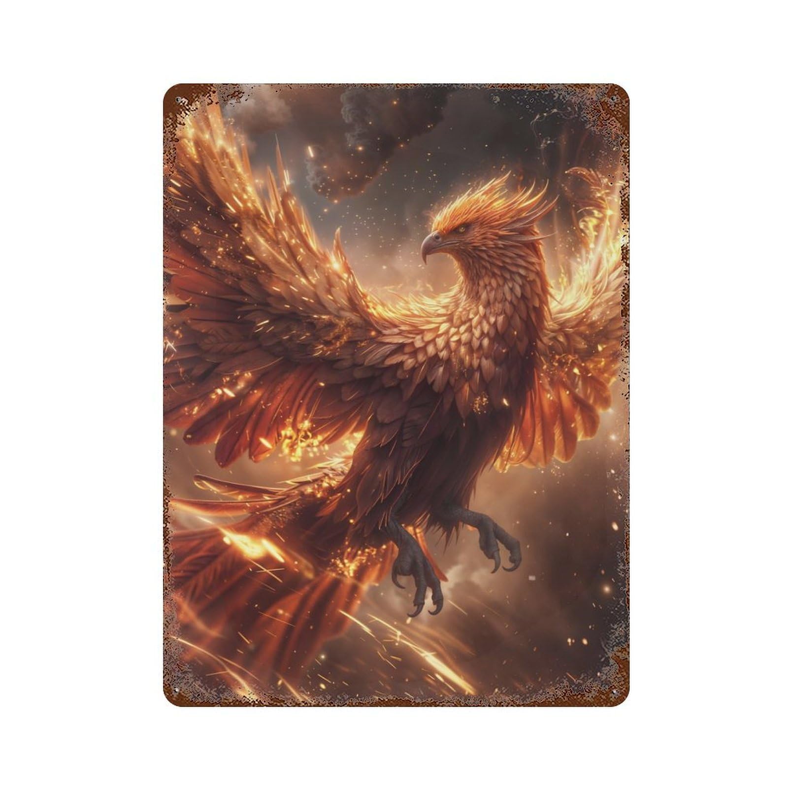 Distressed Metal Wall Sign with Fire Phoenix Fairytale Design 15.7"x11.8", for Office, Studio And Wall Decor, Industrial Home Decor