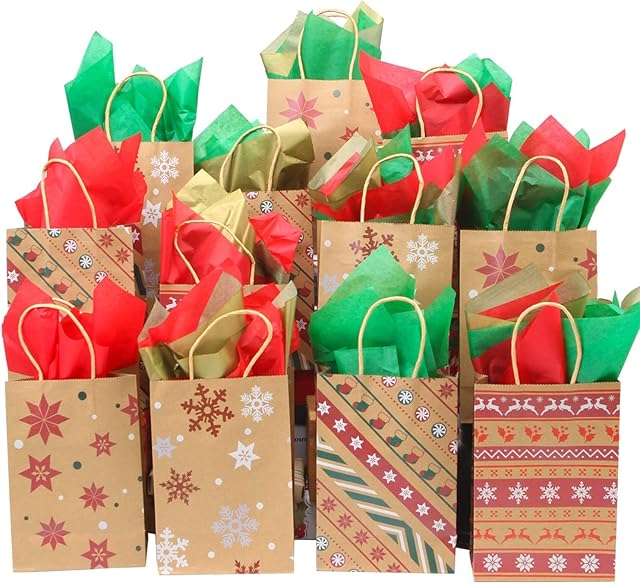 LATERN 24Pcs Christmas Bags Gift Bags, 26 x 22 x 14CM Kraft Paper Bags Christmas Theme Goody Bags Xmas Party Bags Candy Paper Boxes with 30 Sheets Christmas Tissue Paper - 6 Patterns