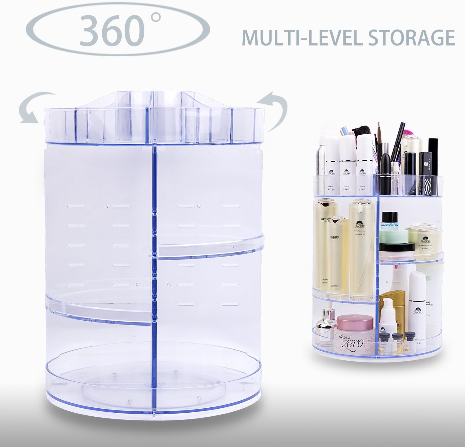 360-Degree Rotating Makeup Organizer, Adjustable Multi-Function Cosmetic Storage Unit, Compact Size with Large Capacity, Fits Different Types of Cosmetics and Accessories (Clear Transparent)