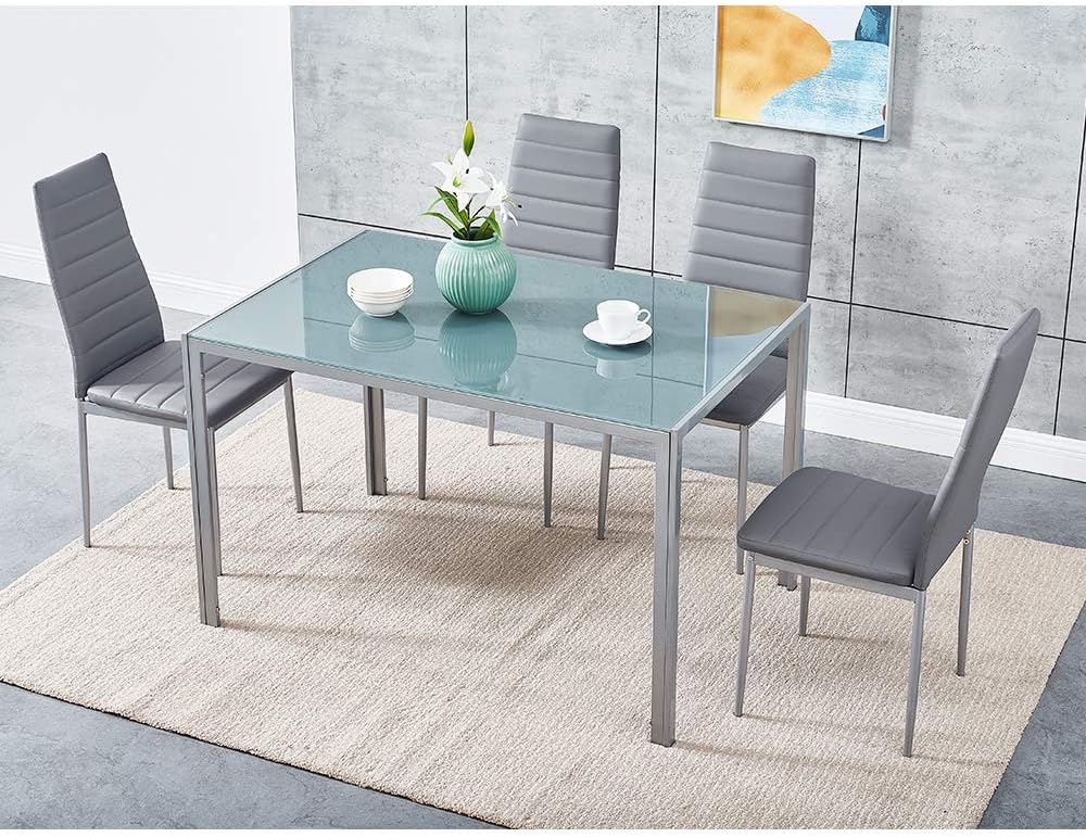 Panana Modern Glass Dinning Table With 4 Linen Grey Dinning
