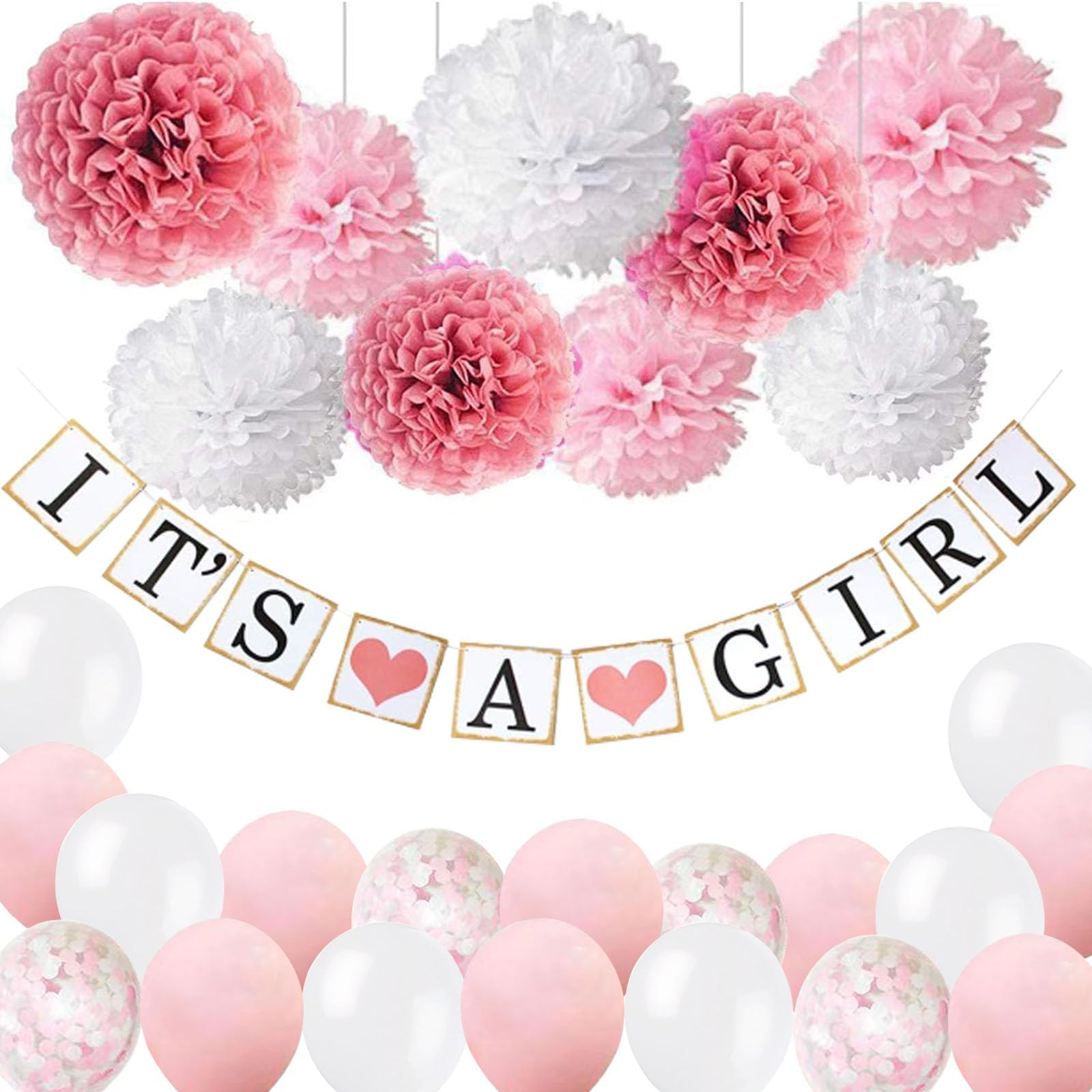 af-tigonhwBaby Shower Decorations for Girls, Pink White Baby Girl Shower Decoration with It’s A Girl Banner and Paper Pom Poms for Baby Shower Supplies (pink white)
