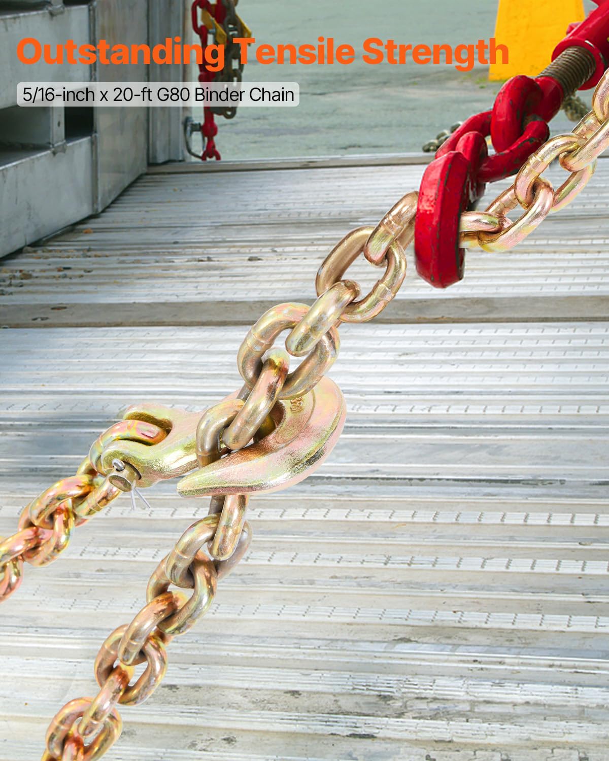 VEVOR Transport Binder Chain, 4900lbs Working Load Limit, 5/16''x20' G80 Tow Chain Tie Down with Grab Hooks, DOT Certified, Galvanized Coating Manganese Steel for Dock Factory Construction Site, 2Pack - Image 2