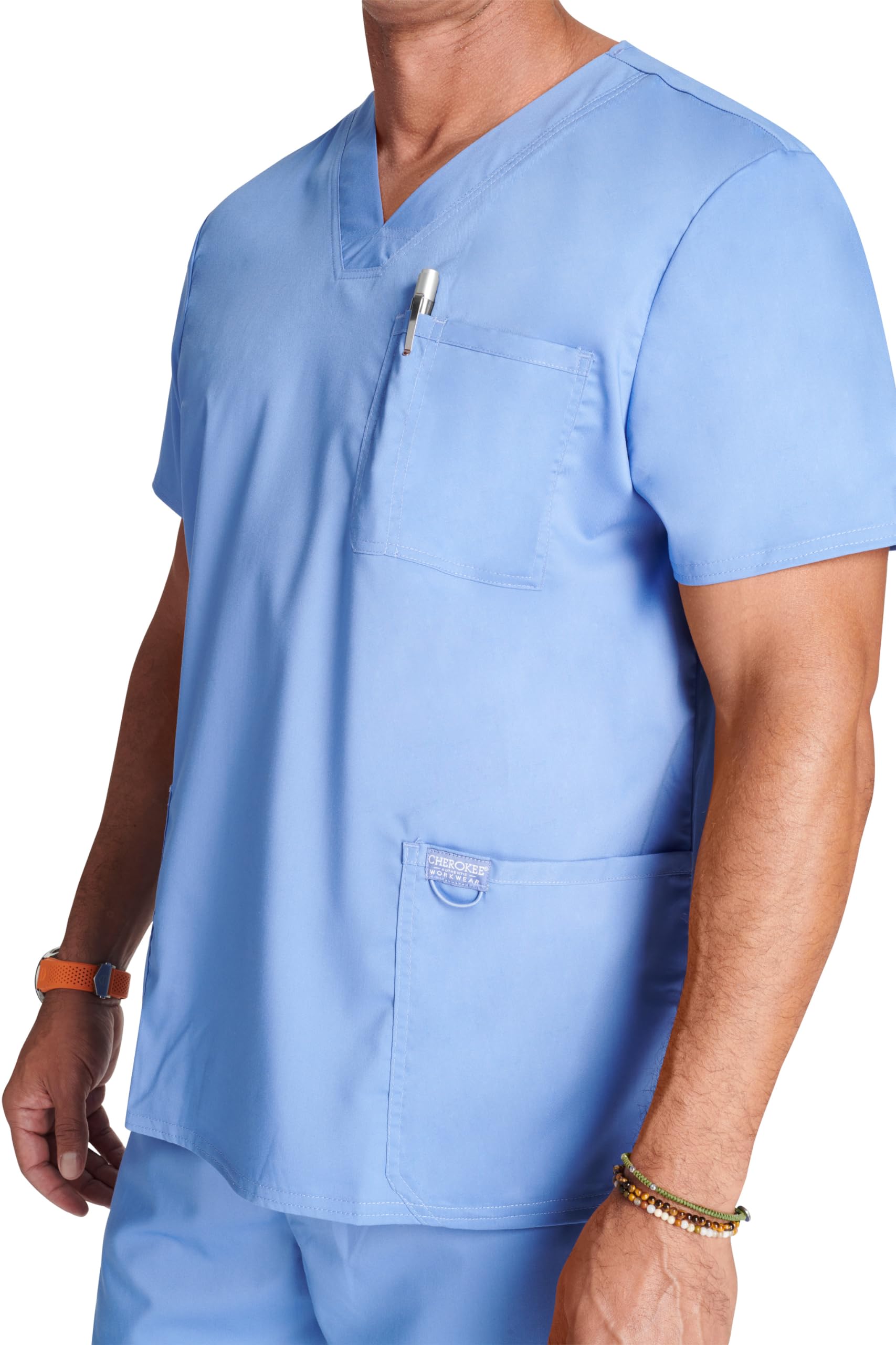 CHEROKEE Męskie Scrub Top Revolution - Odzież medyczna - Z kieszeniami - Dekolt w serek - WWE670, Ciel, XXL, Ciel, XXL