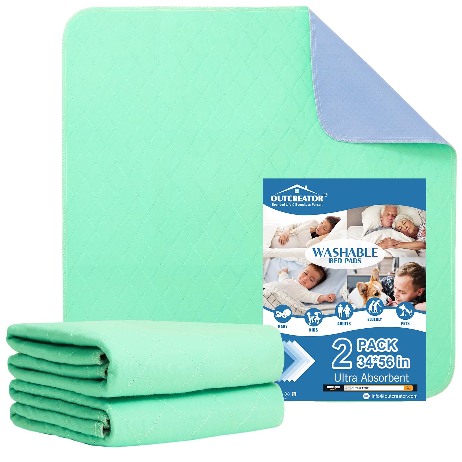 OUTCREATOR® Washable Bed Pads 34" x 56" (Pack of 2), Incontinence Mattress Protector, Anti-Slip Waterproof Underpads for Adults Kids Elderly Pets, Absorbency & Reusable Bedwetting Pads (Solid Green)