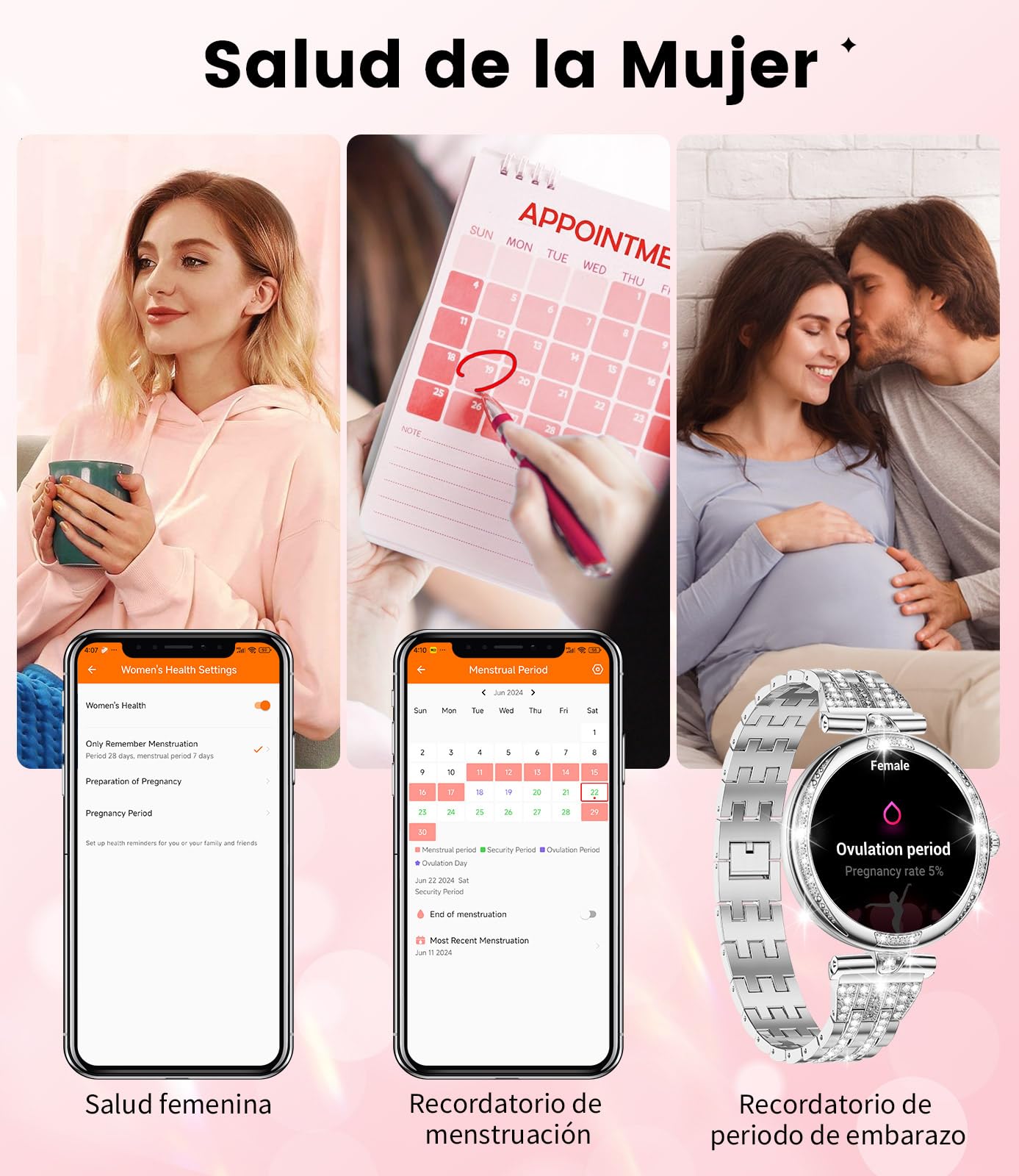 Reloj Inteligente Mujer con Llamadas Bluetooth, Pantalla AMOLED 1.19" HD,Monitor de Ritmo Cardíaco y Sueño,SpO2, 100+ Modos Deportivos,IP68 Resistente al Agua,Smartwatch Compatible con Android y iOS