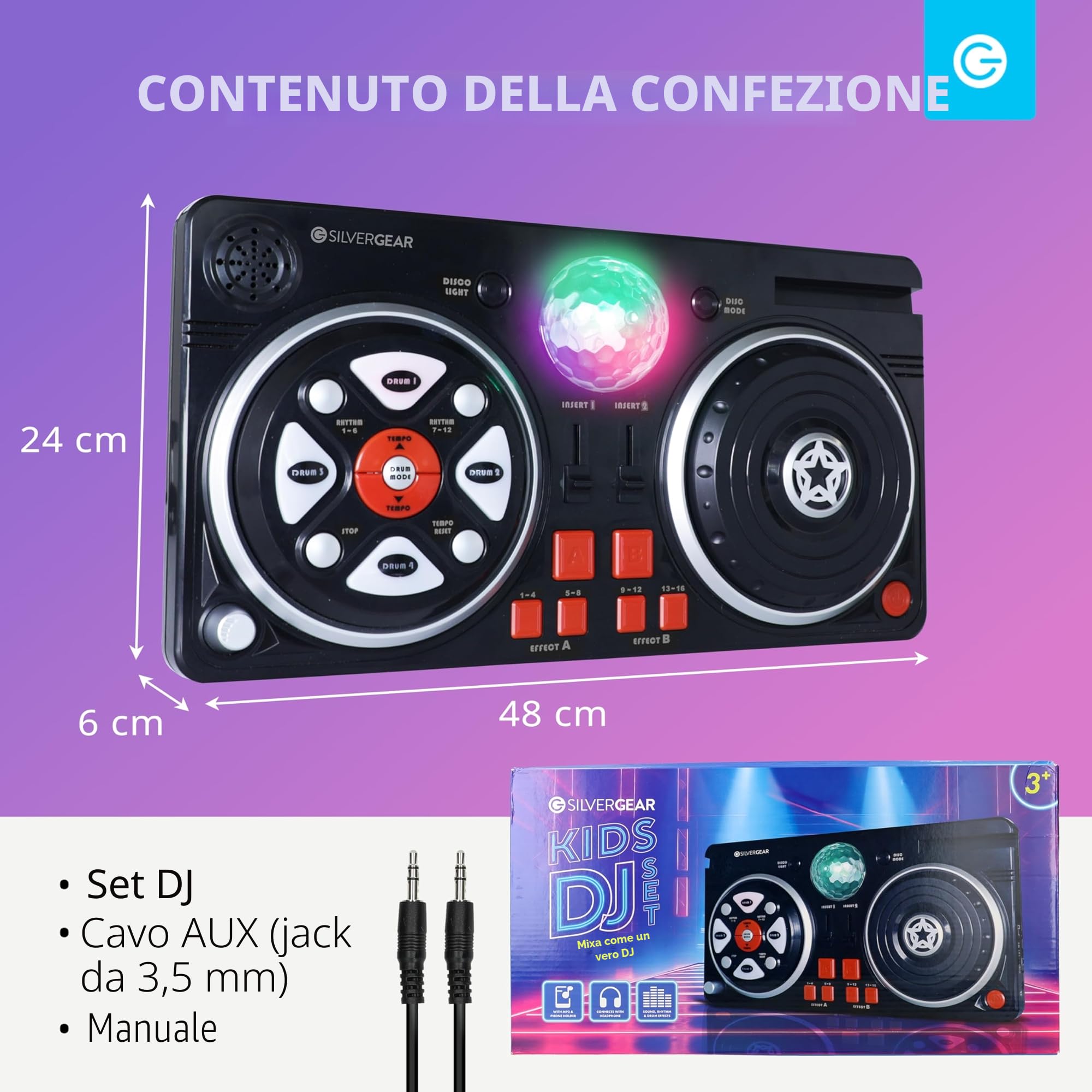 Silvergear® DJ Mixer per Bambini | DJ Mix con Palla da Discoteca | 46 Effetti Sonori | DJ Console con AUX | Portatile e a Batterie | 39.3 x20.5x6.4 cm | Nero