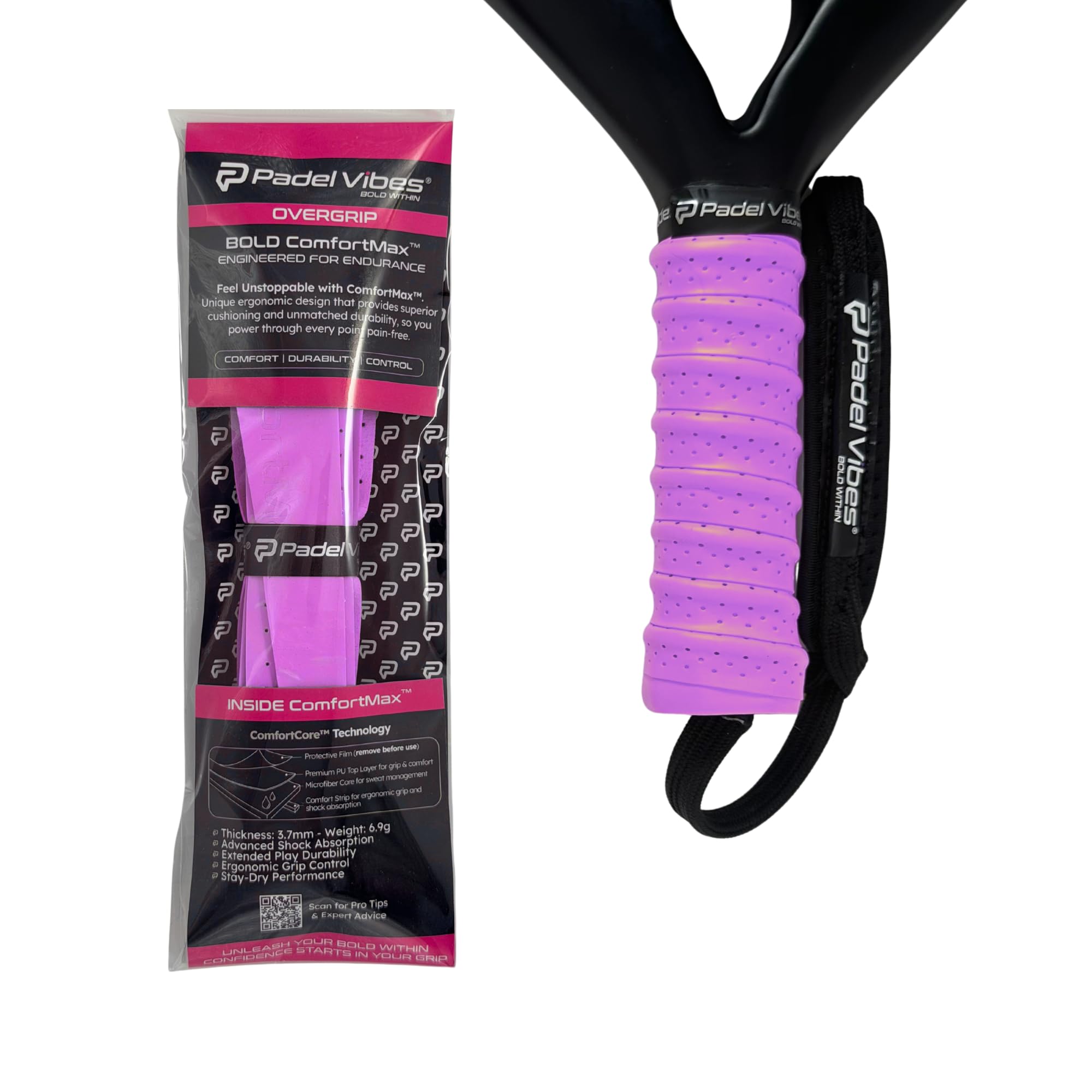 Padel Vibes® ComfortMax™ Padel Overgrips | Cushioned, Ergonomic, Shock-Absorbing, Durable | Secure Grip for Padel, Tennis, Badminton, Squash & Pickleball (Lavender | 1-Pack)