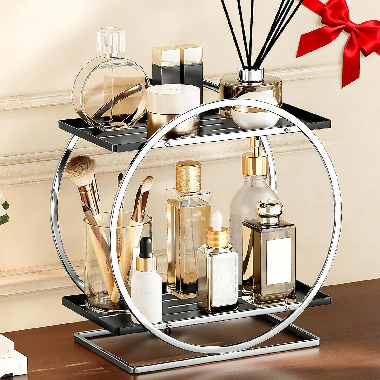 2-Tier Bathroom Organizer Countertop, Silver Black Perfume Organizer for Dresser, Multi-Purpose Makeup Organizer, Large Cosmetic Skincare Organizers, Exquisite Vanity Storage, Ideal for Gift
