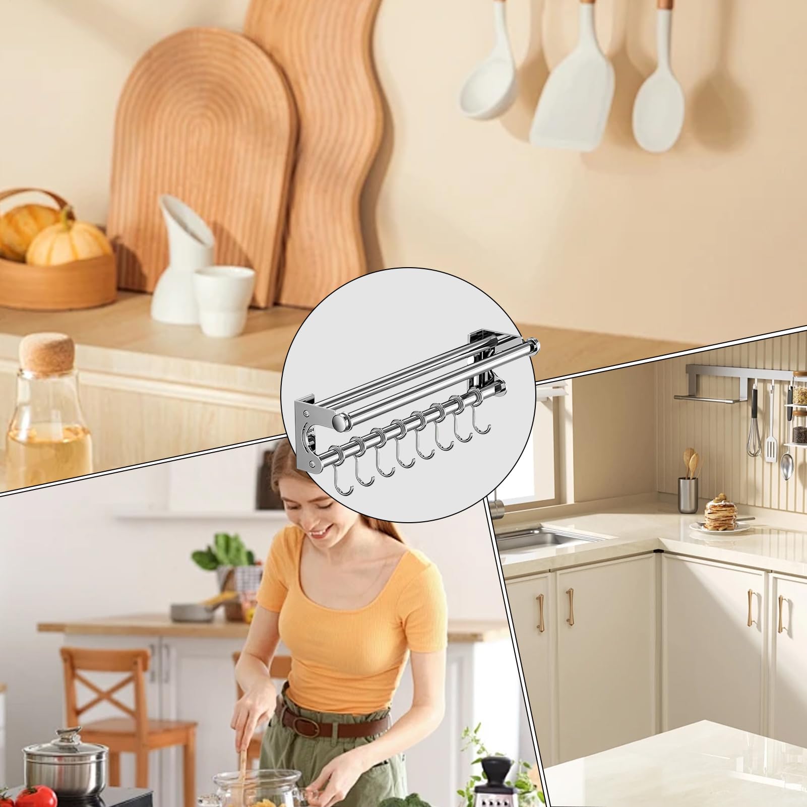 Edelstahl Schneidehalter mit Haken - Küchenschiene Organizer Wand | Bohrfreie Aufhängestange für Utensilien, Schöpfkelle, Schneebesen, Zangen | Backwerkzeugregal für Vorrat