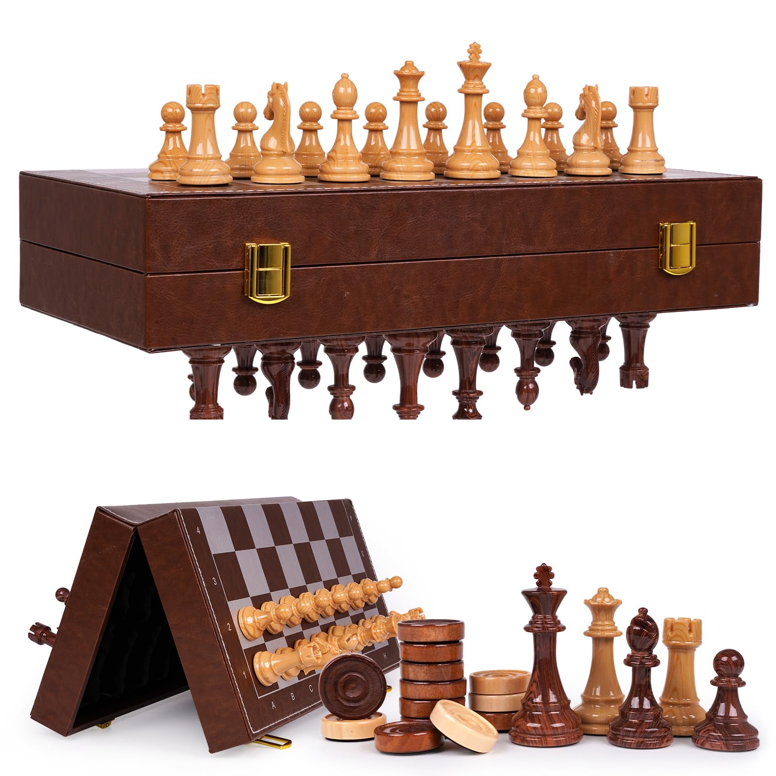 2 in 1 Chess and Draughts Set, 15 Inch Folding Leather Board, Magnetic Acrylic Chessmen, Wooden Draughts Pieces, Extra Queens Included, Travel Game Set
