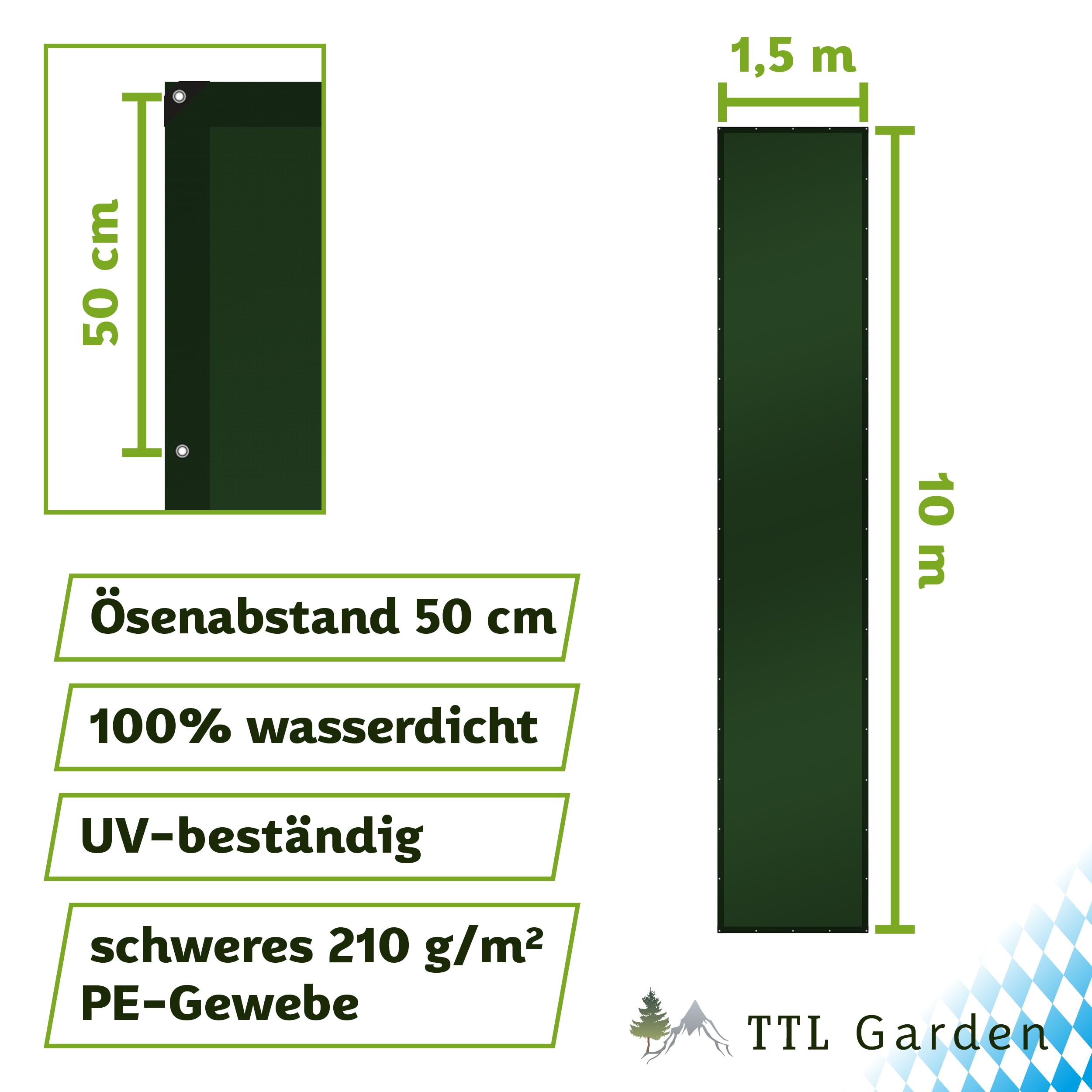 TTL GARDEN Premium Abdeckplane 1,5x10m 210g/m² grün + 25m Seil - reißfest | wasserdicht mit Ösen PE Gewebeplane verstärkte Ecken & Kanten wetterfest UV-beständig Schutzplane Holz Abdeck Plane Tarp