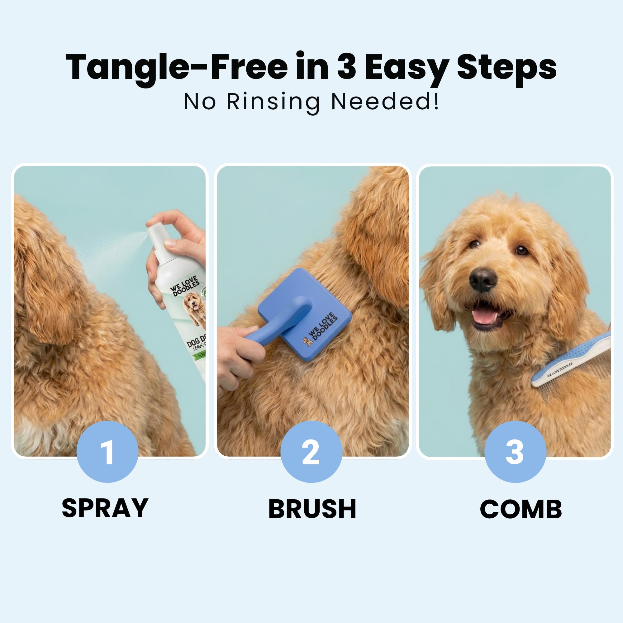 We Love Doodles Cepillo grande para perros y spray desenredante de lavanda, cepillo para perros de pelo largo, Goldendoodles y garabatos, removedor de enredos, spray desenredante y acondicionador para