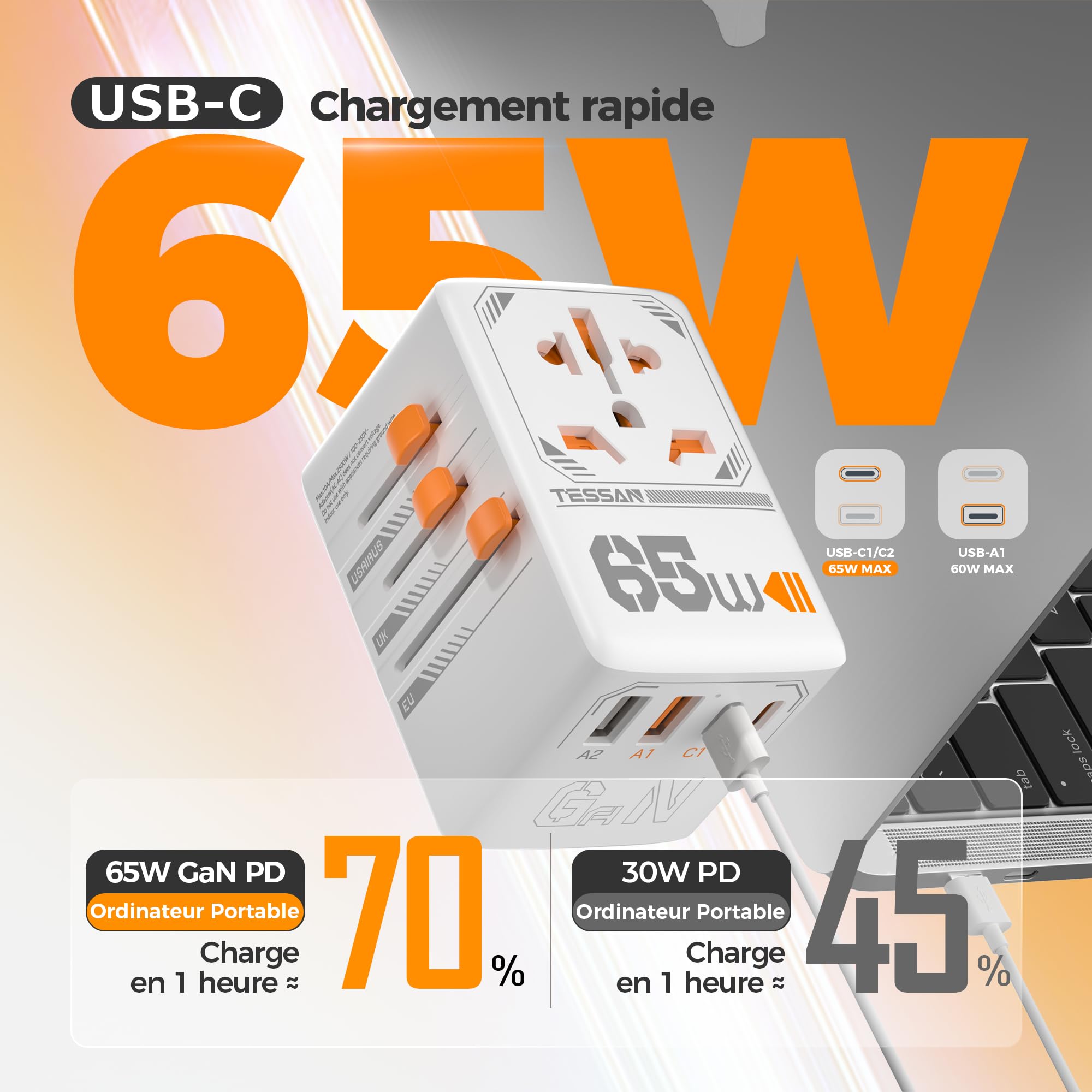TESSAN Adaptateur Prise Universelle, Charge Rapide 65W GaN