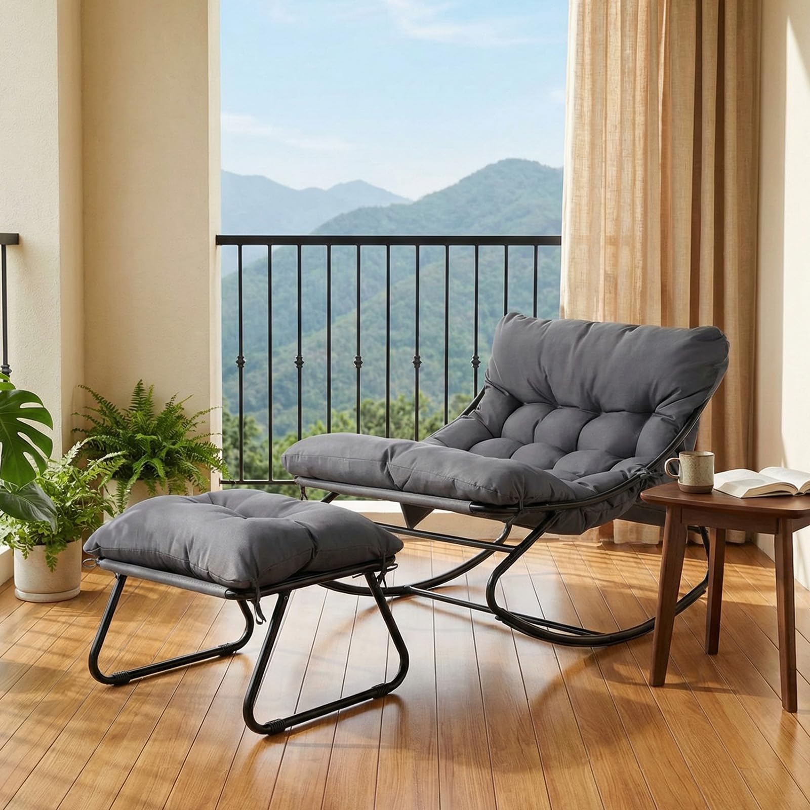 LIFERUN Schaukelstuhl mit Hocker, Patio Schaukelliege, Waterproof, 1 PCS | Schaukelsessel mit Gepolsterter, bis 150 kg Belastbar, für Garten Balkon Wohnzimmer Hof Schlafzimmer Terrasse, Grau