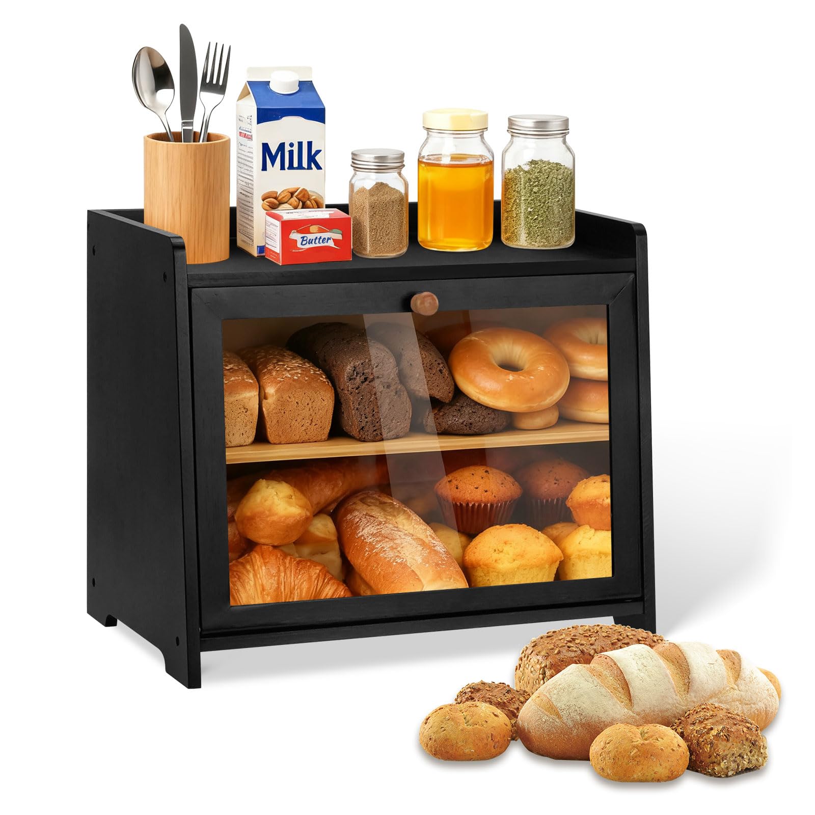 MAIJIAJU 1 Pack Bamboo Bread Bin, Double Layer Large Capacity Storage Box