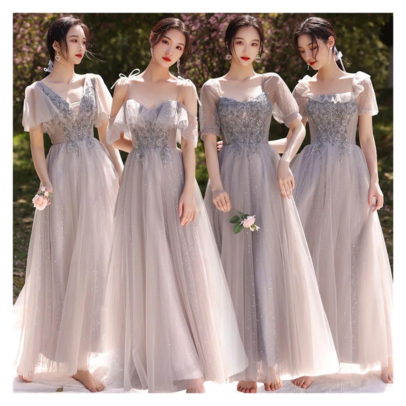 Robe de demoiselle d'honneur en Tulle, 4 Styles, avec des appliques élégantes, manches courtes, douce, ligne a, longueur cheville, robe d'invité de fête de mariage Pour Mariage CéRéMonie(Grey Long D,1
