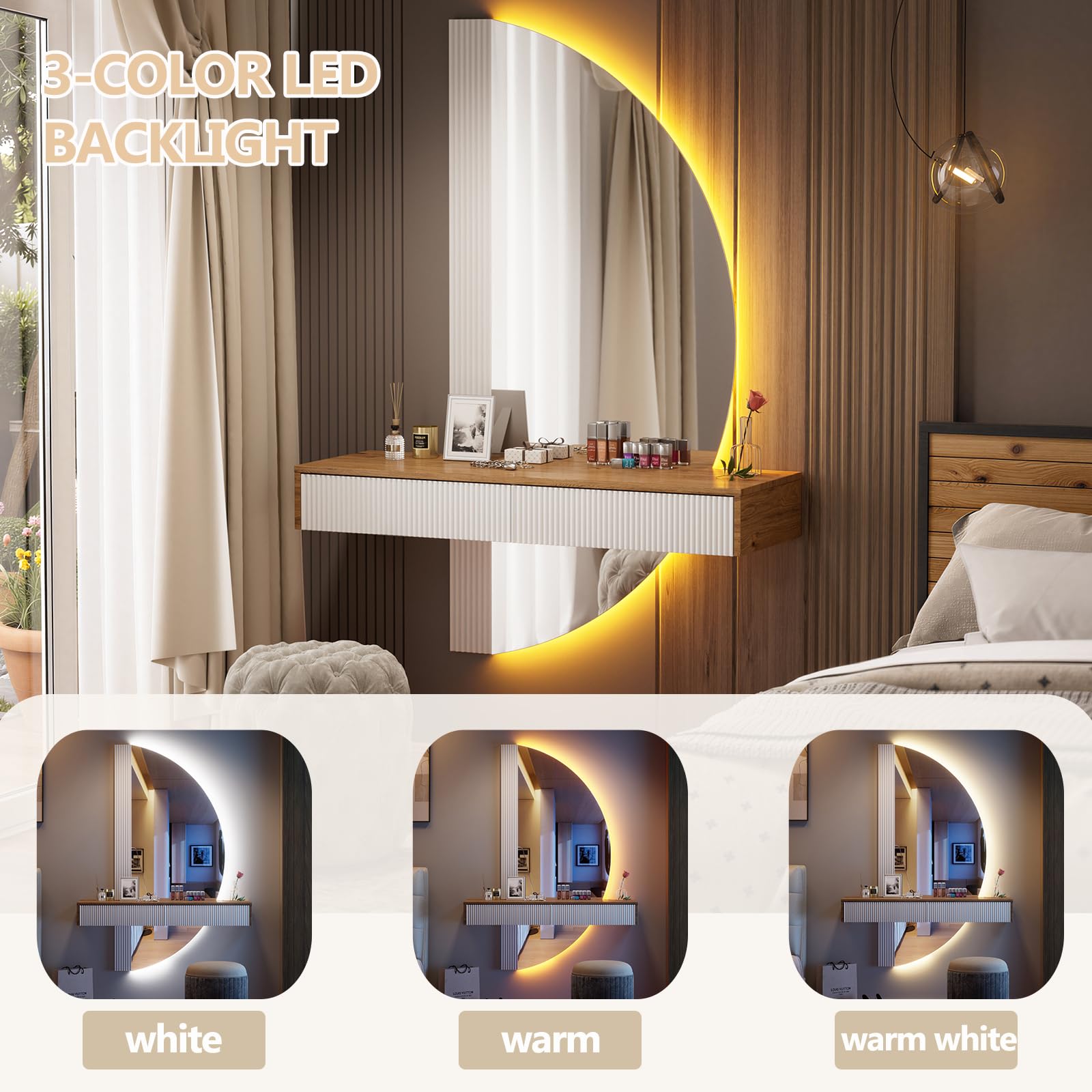 MSFE Tocador Flotante con luz LED y Espejo Semicircular, Penteadeira,Mesa de Maquillaje de Pared con 2 Cajones, Tocador de Maquillaje, Altura Regulable, Ahorro de Espacio, 120 x 40 x 160cm