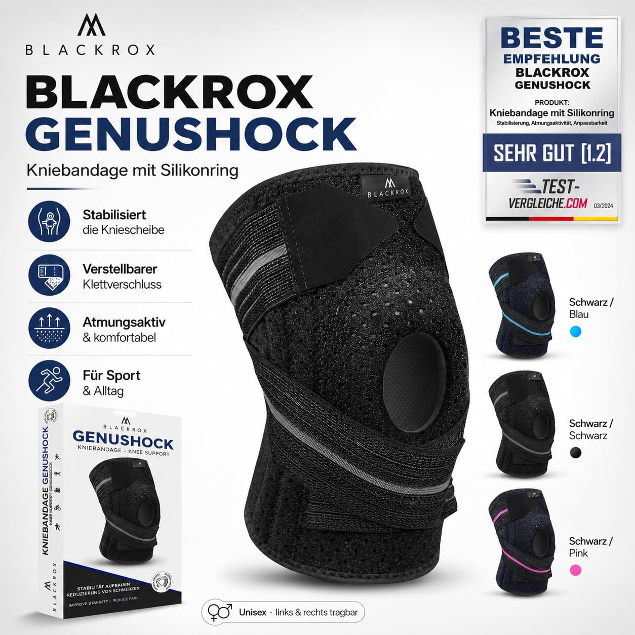 BLACKROX Rodillera con anillo de silicona [ganador de la comparación 2024] Talla única | Mujer y hombre | Estabilización para rodilla y menisco | Perfecto para deportes, deportes de fuerza y