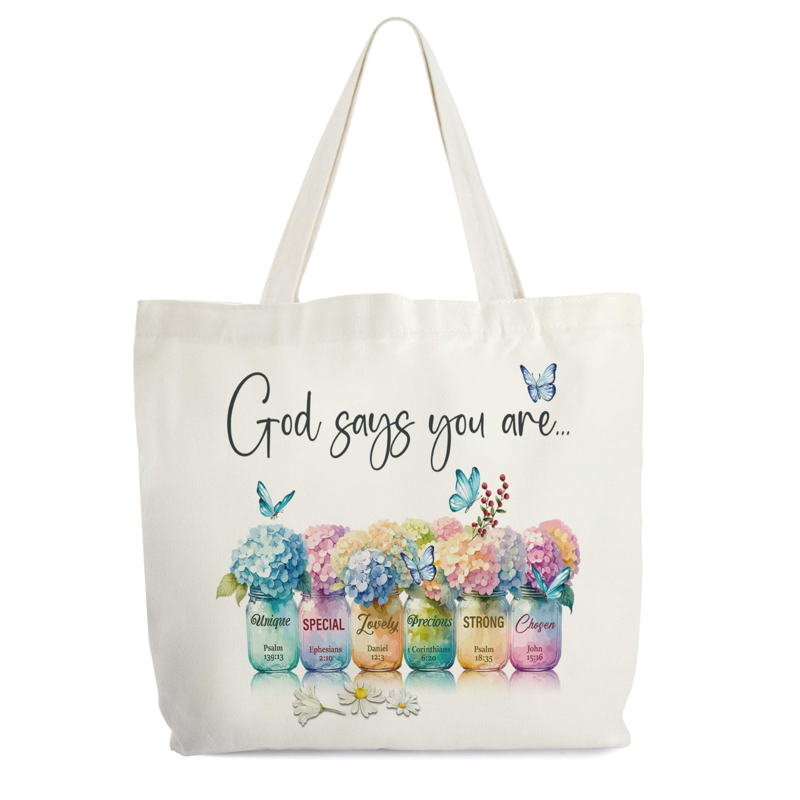 Inspirational Christian Canvas Tote for Women - God Says You Are Unique Bible Verse Religious Gift, Floral Library Book Shoulder Bag for Friends