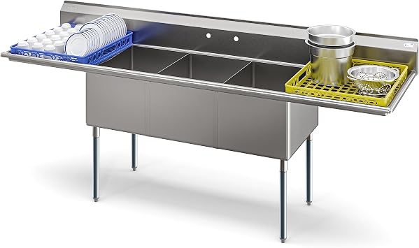 KoolMore 102 in. Three Compartment 18-Gauge Stainless-Steel NSF Commercial Kitchen Sink, Bowl Size 18x24x14, with Three Basins for Washing and Rinsing Dishes with Two Drainboards KM-SC182414-24B3