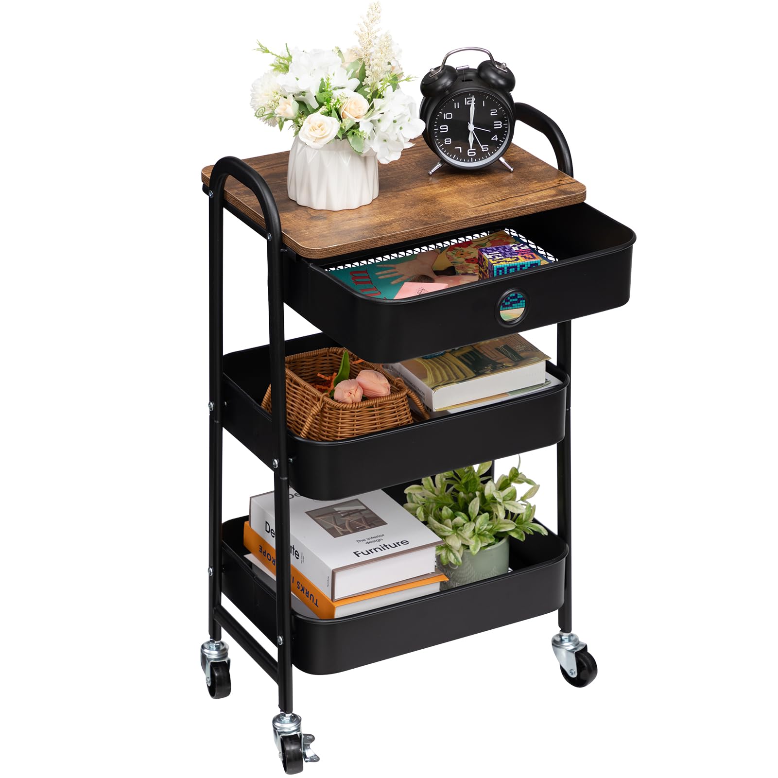 DOEWORKS Metal Storage Cart with Drawer, 3-Tier Trolley Cart on Wheels, Rolling Storage Trolley for Room, Bathroom, Office, BlackGlobal Recycled StandardGlobal Recycled StandardGlobal Recycled Standard