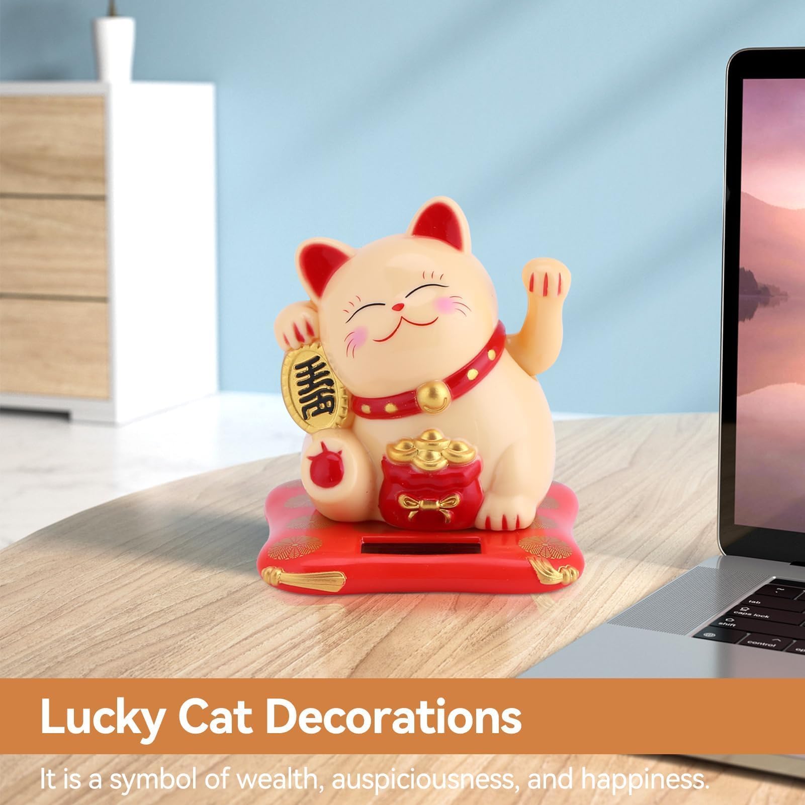 Lucky Cat, Mini Maneki Neko Statua di Gatto Giapponese con Braccio ondeggiante Alimentato ad energia Solare per la Decorazione del cruscotto dell'auto di casa(Giallo)