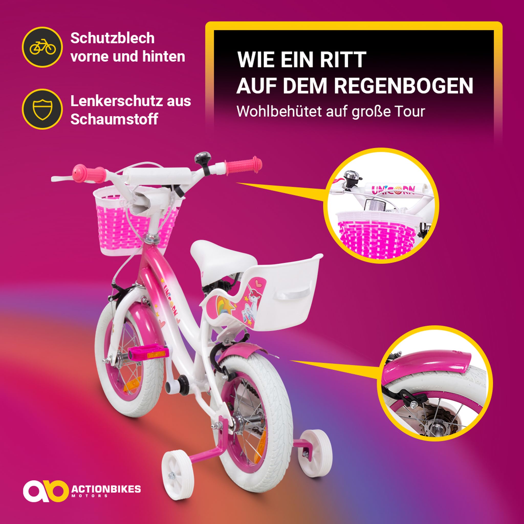 Actionbikes Kinderfahrrad Unicorn | 12 16 Zoll - V-Brake Bremsen - Fahrrad für Kinder von 2-7 Jahren - Schutzblech v. / h - Kinder Fahrrad für Mädchen & Jungen - Fahrräder - Bicycle - Kinderrad - Bike