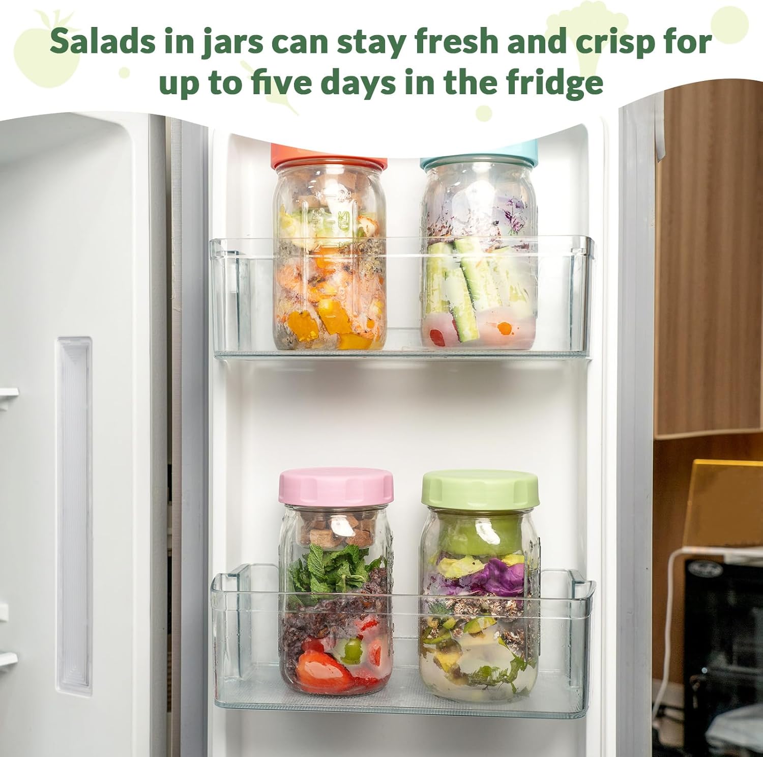 SOLIGT 4 Pack Glass Salad Jars with Lids Meal Prep, Leakproof Container for Lunch, with Wet/Dry Separation Cups, 32oz Mason Jars (Pink/Orange/Sky Blue/Olive Green) - Image 6