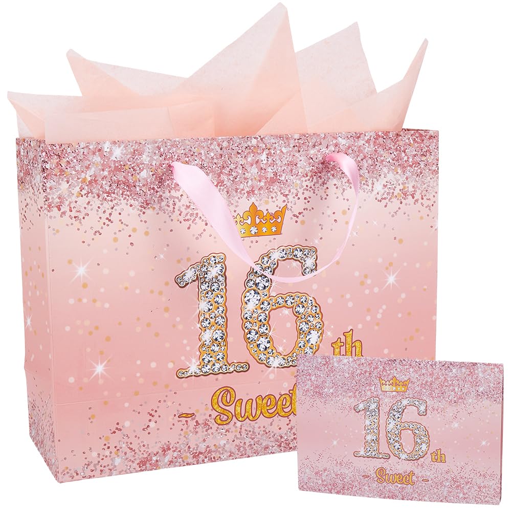 SOFPLATE Large Pink Gift Bags with Handles 16th Birthday Bag Present with Tissue Paper Sweet Sixteen gift Tote Crown Sequin Pattern Wrapping Totes for Party Goodie Favors Packaging Decoration Supplies