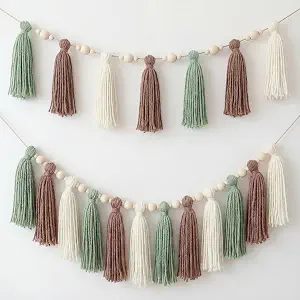 Suncalla 2 Pcs Tassel Garland with Wood Beads, 6.89 ft Handmade Cotton Yarn Wall Hanging Banner Boho Tassel Wall Party Decor for Nursery Baby Shower Classroom Birthday Home Decoration