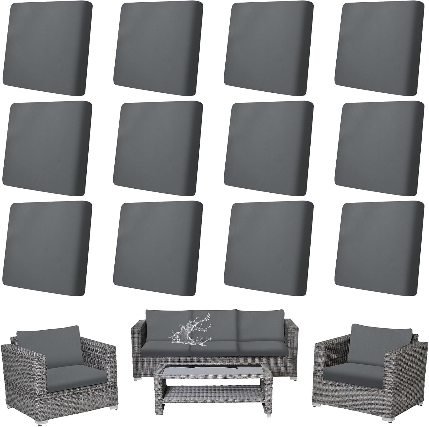 Malloom 12Pcs Stretch Patio Cushion Covers Waterproof Outdoor Couch & Sofa Replacement Slipcovers for Patio Furniture Cushion Covers, Washable Reusable Furniture Protector (Dark Gray)