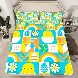 Cute Chick BeddingÂ Sets Orange Yellow Rainbow BedÂ Sheets,Patchwork Flowers FittedÂ Sheet Blue Easter Eggs Bedding Queen,Rustic Tulip Flowers Kawaii Room Decor Kids Easter Gifts