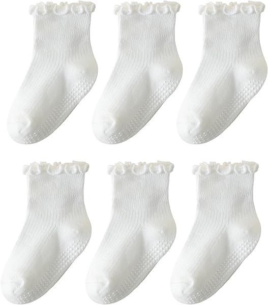 6 Pairs Toddler Ruffle Socks for Girls Baby Grip Socks Non Slip Socks Cute Grippy Frilly