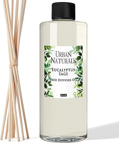 Urban Naturals Repuesto de difusor de varillas de aceite esencial de eucalipto y salvia, tamaño grande de 8 onzas, incluye un juego gratis de