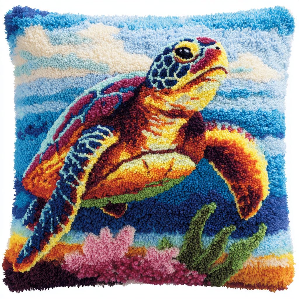Taxpy DIY Latch Hook Kits, Animal Turtle Pillow with Printed Canvas Crochet Yarn Embroidery Cushion Handmade Hook and Latch Kit Pillowcase 43x43cm