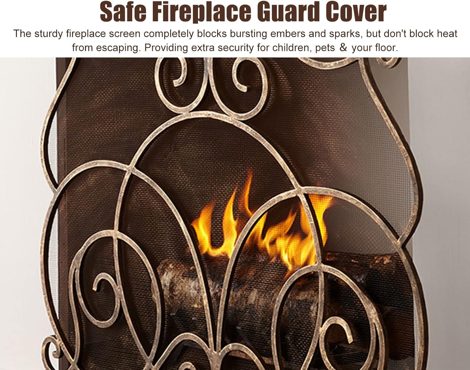 Antique Gold Fireplace Screen - Heavy Duty Fire Guard for Log Burners, Decorative Cover for Home & Apartment Living Room Decor