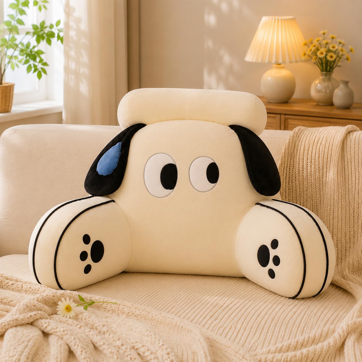 Azmaht White Dog Cuddle Cushion Reading Pillow In Soft Plush And Pp Cotton, Washable Back Support Cushion, Cosy Support Pillow, Lounger Back Support Pillow For Adult Bedrest,,75X50cm