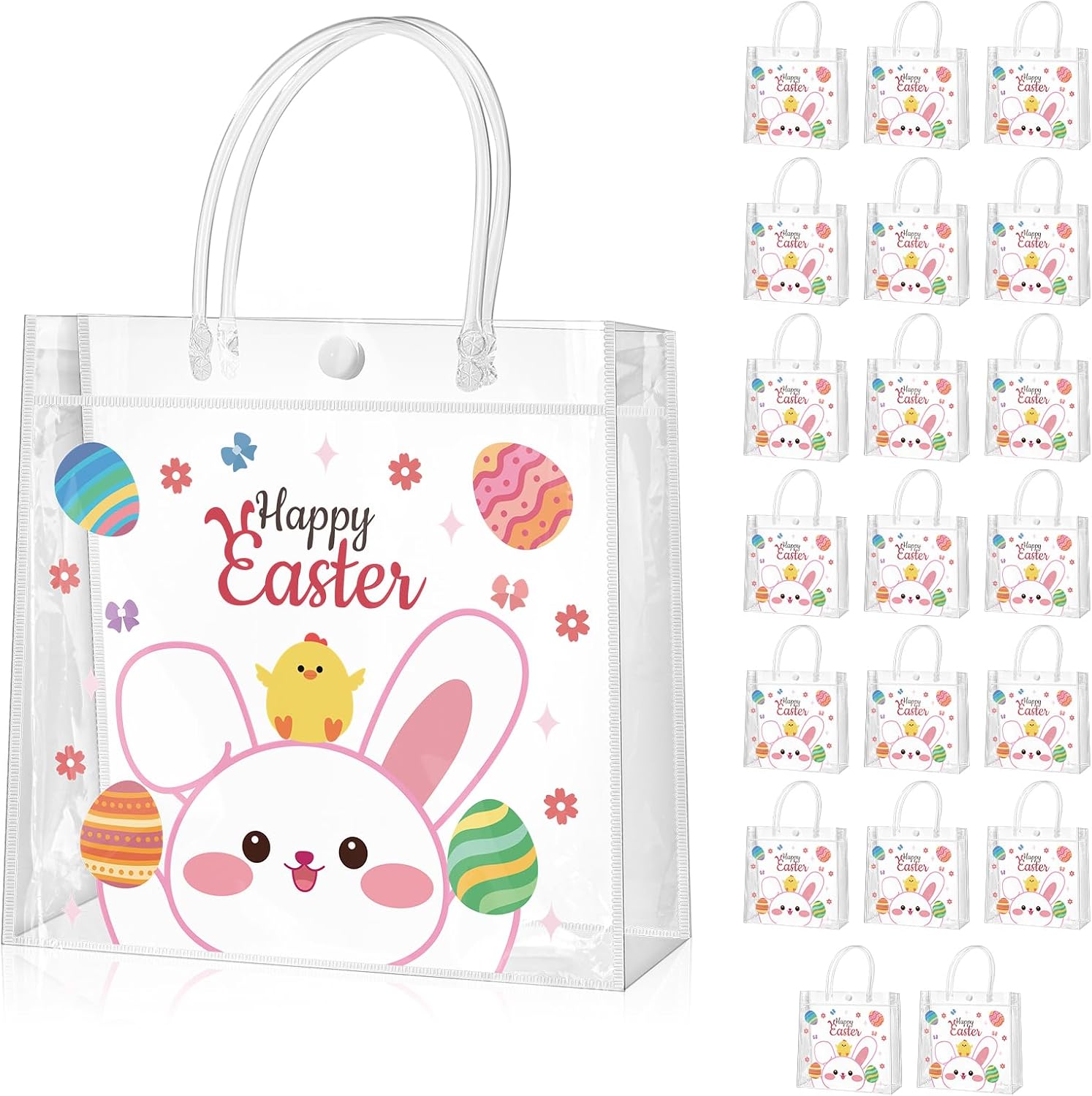 Ovveroche 20 Pcs Easter Bunny Clear PVC Gift Bags with Handles 7.87x7.87x2.76 Inches Reusable Party Favor Bags for Bridal Baby Shower Wedding Birthday Party Supplies Easter Bunny