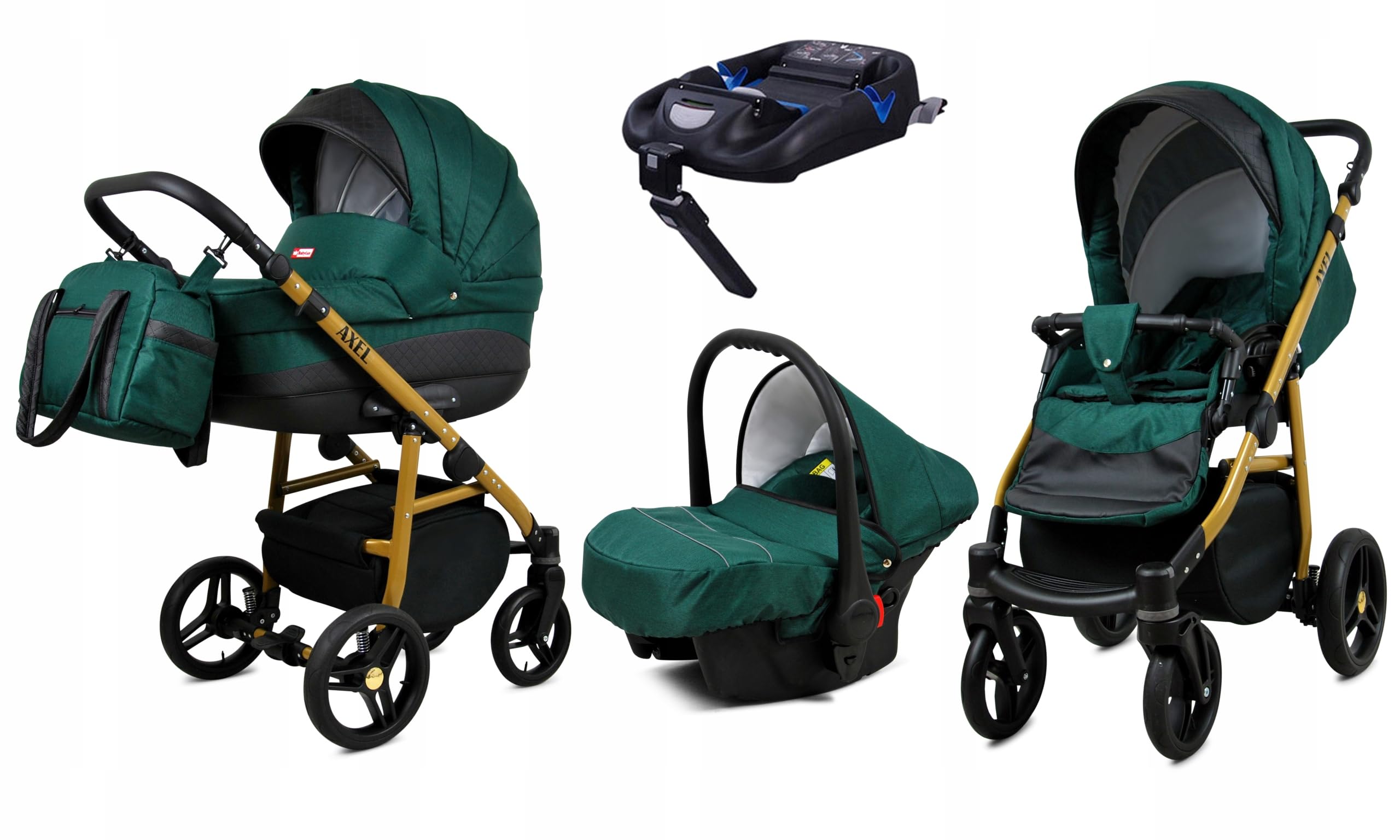 BabyLux® Wózek dziecięcy kompletny zestaw 4 w 1, Axel, w tym gondola dla niemowląt, wędka, fotelik samochodowy, podstawa ISOFIX, wózek dziecięcy, system kombinowany, z torbą do przewijania itp.