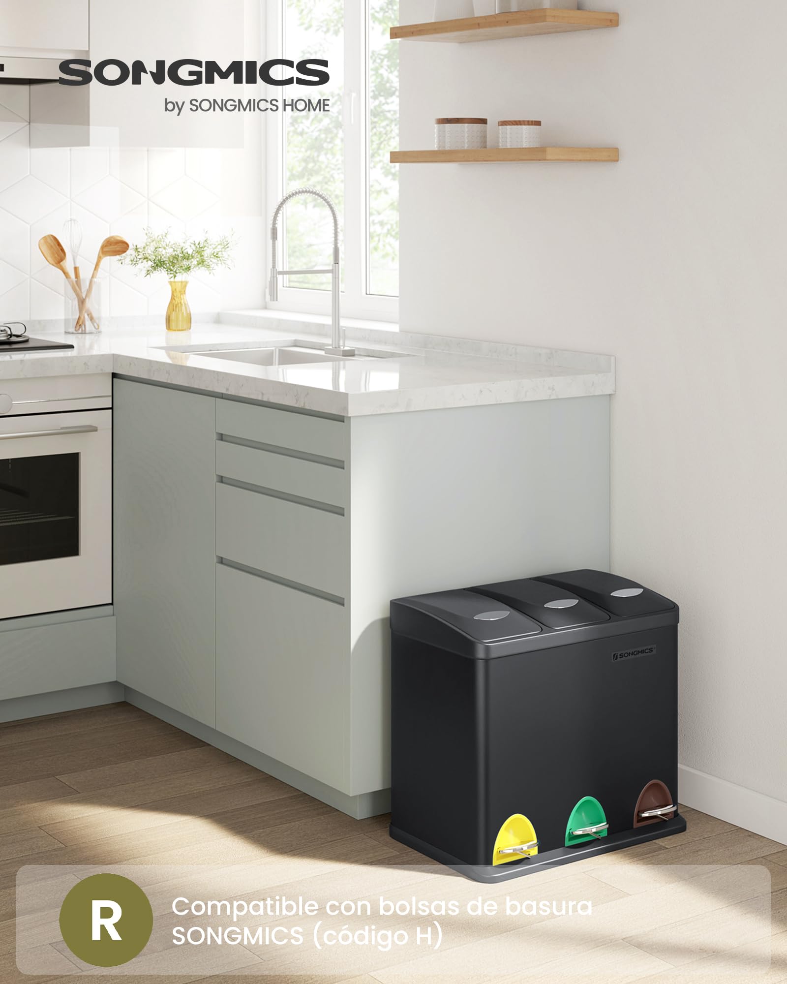 SONGMICS - Papelera de cocina, 3 x 8 L, pequeño volumen, tapas, basura triple de acero, para pequeñas familias, pedales y cuartos, fácil de limpiar, negro LTB24BK